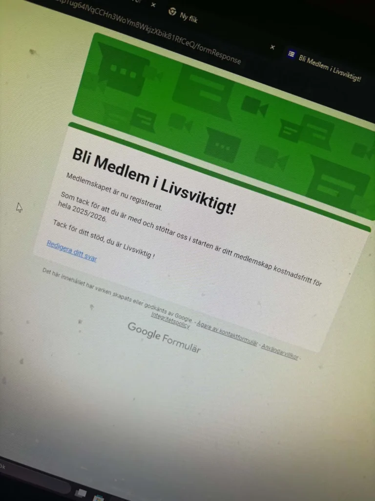 Den första medlemsregistreringen i LIVSVIKTIGT.